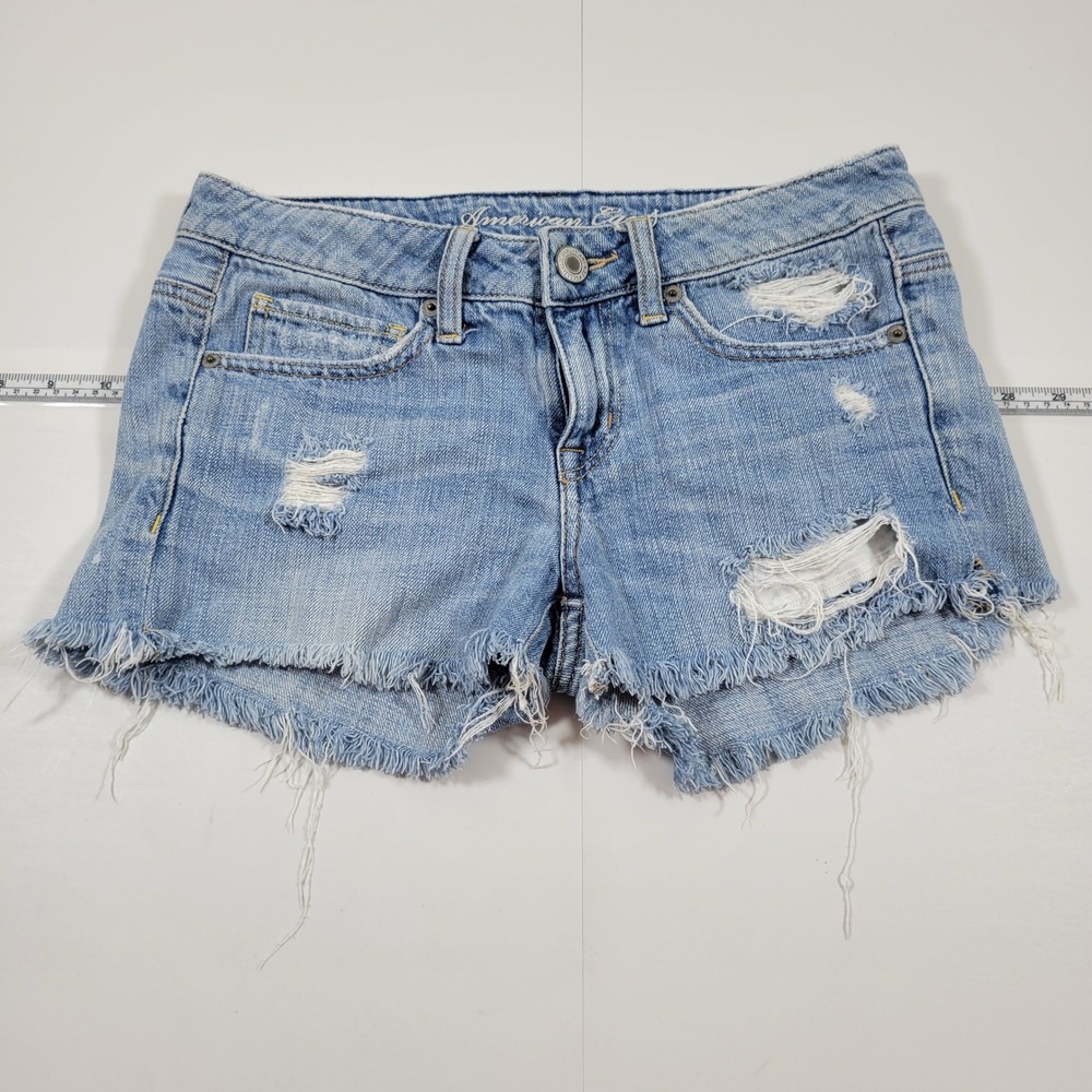American Eagle Denim Shorts Womens 0 Blue Excellent Distressed Raw Hem Low Rise